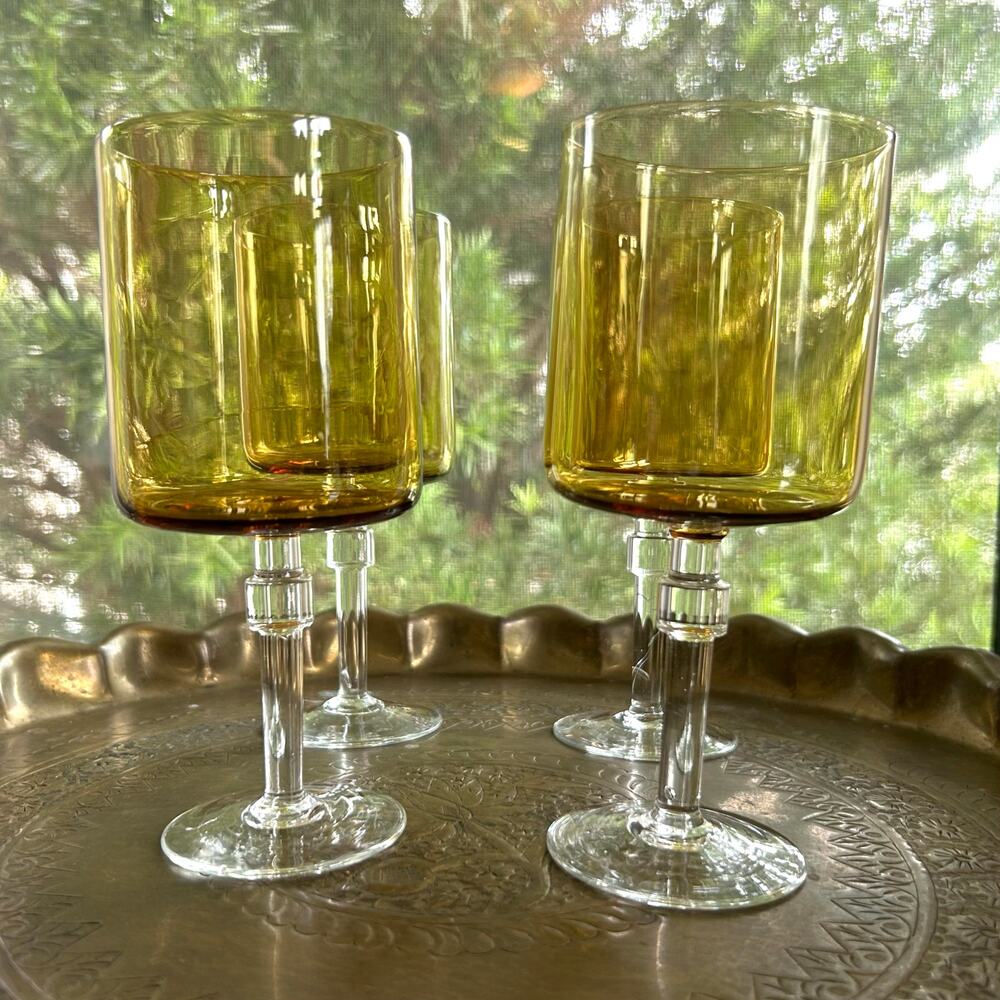 Vintage Amber Stemmed Glasses Set of 4 – Mid-Century Modern Cylindrical Goblets
